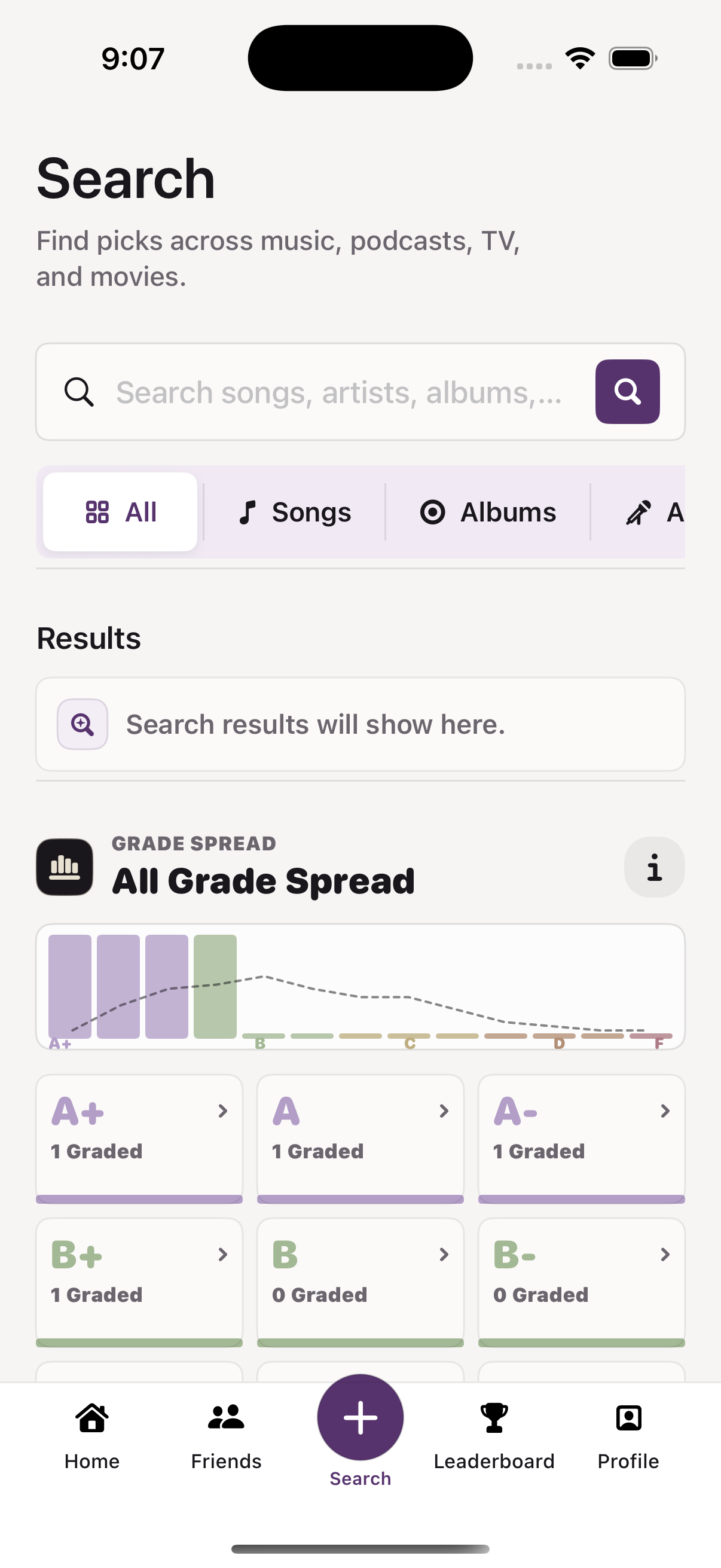 MyFive Search showing media categories and the exact grade spread interface